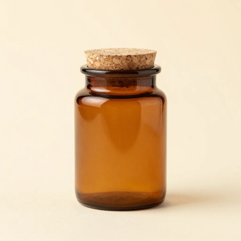 An amber glass storage jar with a cork lid